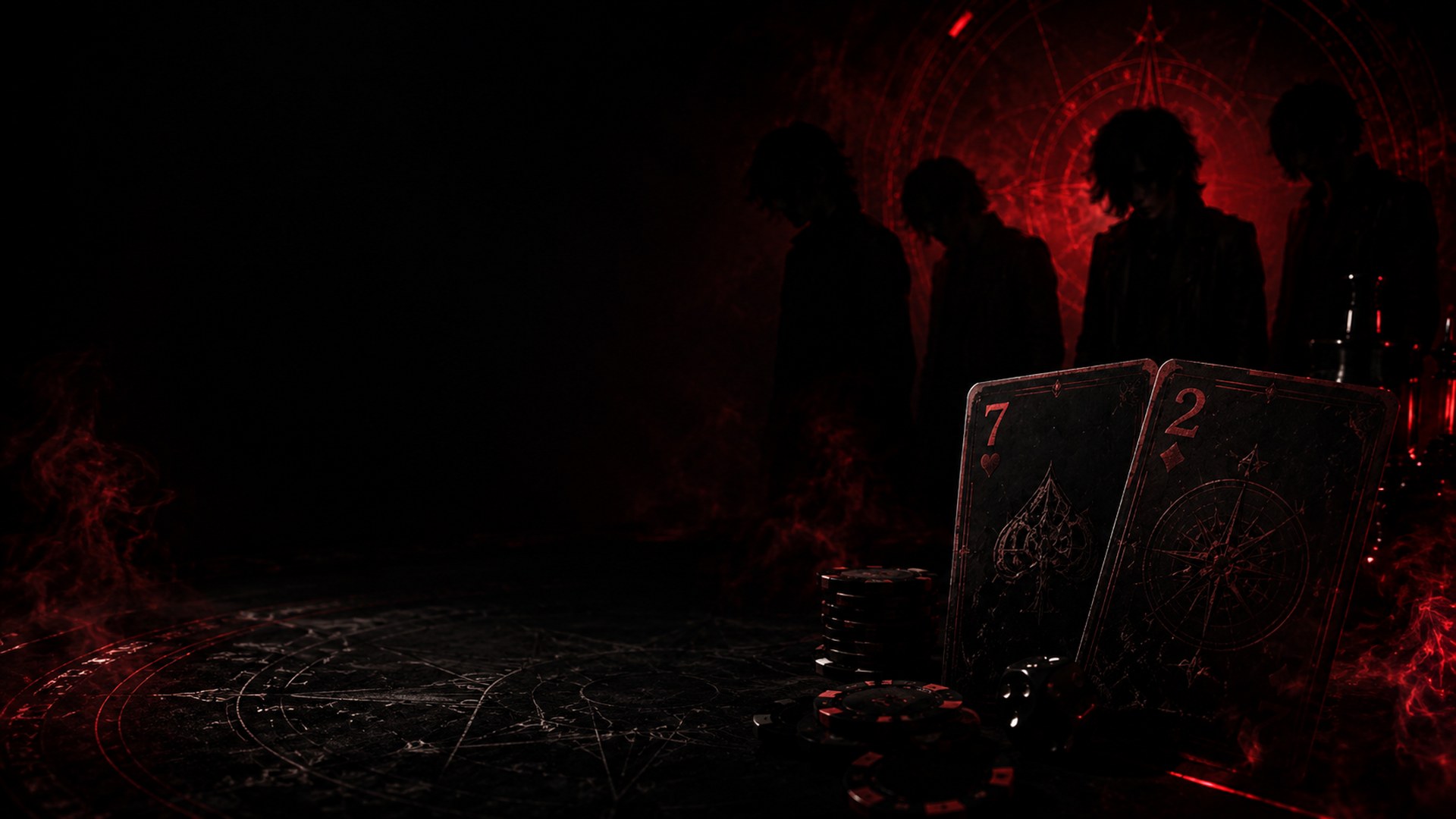 Dark poker table with 7 and 2 cards, red light, and band silhouettes